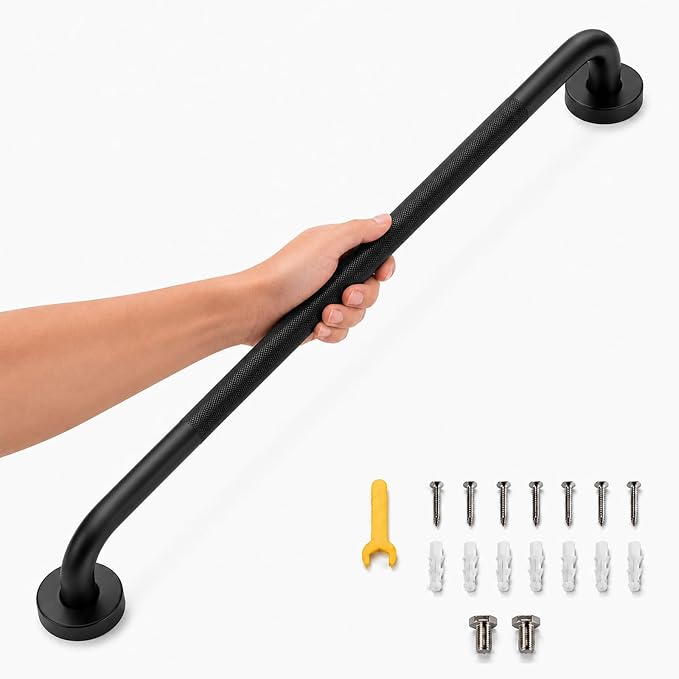 32 Inch Shower Grab Bar, Black Anti-Slip Bathroom Grab Bar with Knurled Grip, Stainless Steel Safety Handrail for Toilet Bathtub, Shower Handle Handicap Bars for Senior, Elderly, Pregnant
