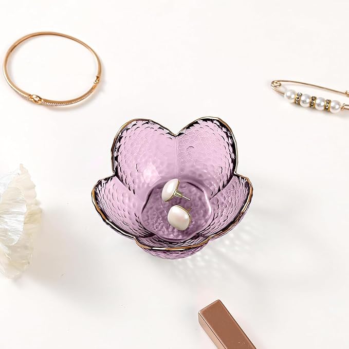 Gifts for Women Purple Flower Jewelry Dish Glass Ring Holder Decorative Jewelry Tray Cute Vanity Room Decor Aesthetic Nightstand Bathroom Decor Trinket Dish Friendship Christmas Birthday Gifts (2pcs)