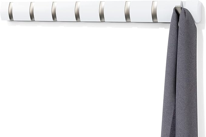 Umbra Flip Wall-Mounted Coat Rack with 8 Hooks – Modern, Space-Saving Storage for Hats, Jackets, Bags, Entryway, Mudroom, Closet, Bathroom, Bedroom – White/Nickel