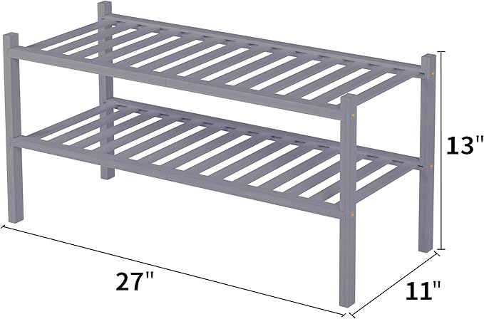 ROMGUAR CRAFT 2 Tier Bamboo Shoe Rack for Closet Free Standing Wood Shoe Shelf for Entryway Small Space Stackable 27"x11"x13" (Grey)