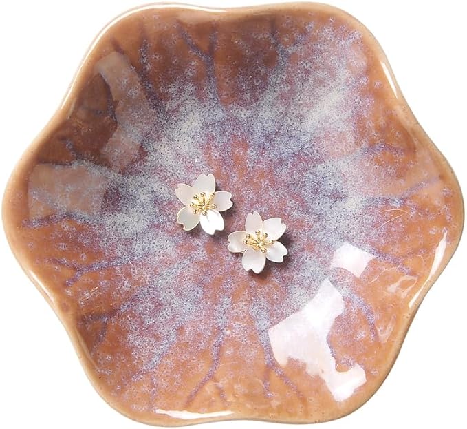 2PCS Lotus Leaf Shape Ring Holder Dish, Small Key Bowl, Ceramic Trinket Tray Jewelry Dish Organizing Necklace Earrings for Mom Friend Sister, All Jewelries Are NOT Included. White+Purple.