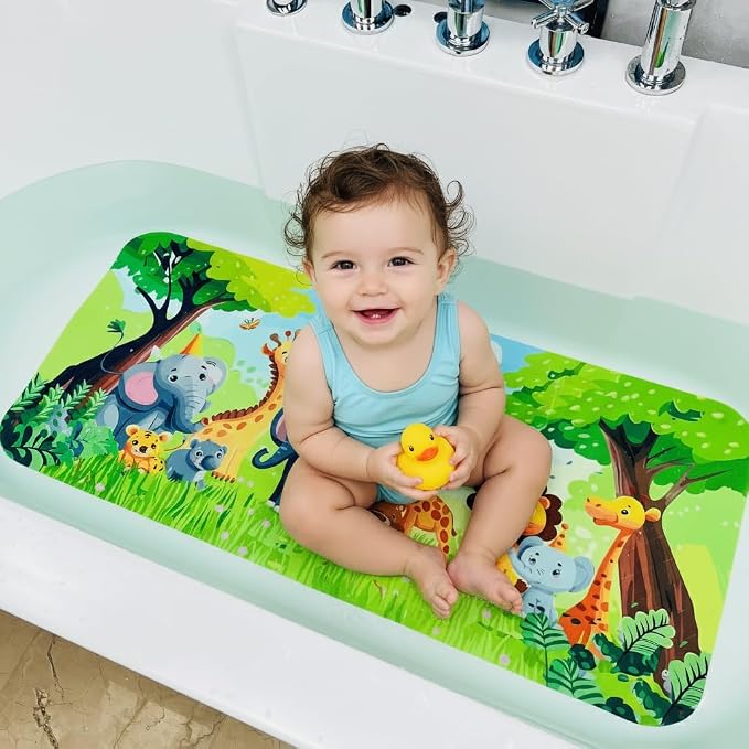 BEEHOMEE Bath Mats for Tub Kids,Baby Toddler - Large Cartoon Non-Slip Bathroom Bathtub Anti-Slip Shower Mats for Floor 35x15,Machine Washable XL Size Bathroom Mats (Jungle Friends)