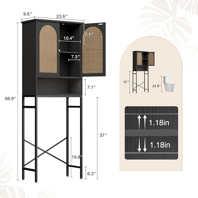 FiveWillowise Rattan Toilet Storage Cabinet, Over The Rack Wood Cabinet with Metal Stand, Bathroom Organizer with Adjustable Shelf, Tall Freestanding Washer Shelf, Small Cupboard, Black