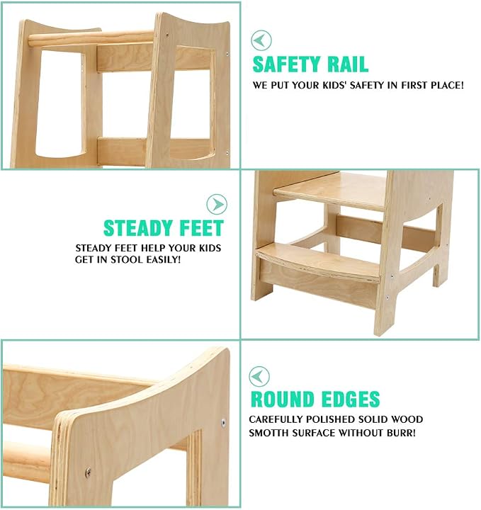 EGREE Toddler Kitchen Step Stool with Safety Rail Kids Wooden Standing Tower for Kitchen Counter and Bathroom Sink, 3 Heights Adjustable Step Up Stool Mothers' Helper, Solid Wood Construction, Natural