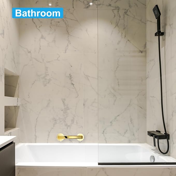 uxcell 2pcs Grab Bars for Bathtubs and Showers, 7.6" Mirror Glass Door and Window Handles Powerful Shower Suction Cup Anti-Slip Safety Bars for Senior Shower Chairs Gold