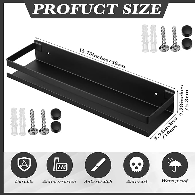 Lallisa 2 Pieces Stainless Steel Shelf Bathroom Shower Floating Shelves Wall Mounted Shower Caddy Basket Shelf Storage Organizer Shelves for Bathroom, Kitchen, Living Room(15.75 Inch/ 40 cm,Black)