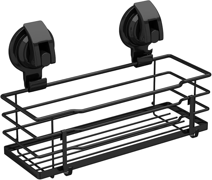 TESOT Suction Cup Shower Caddy, Shower Shelf Soap Dish with Hooks for Razor, Sponge, Rust Proof 304 Stainless Steel, Black