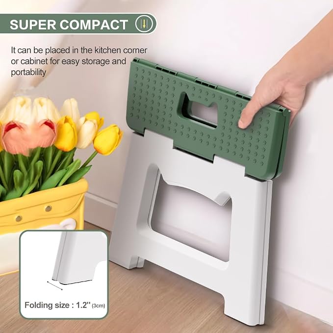 9'' Folding Step Stools for Kids and Adults, Hold Up to 300 lbs, Portable Foldable Step Stool for Toddlers, Plastic Small Collapsible Stepping Stools with Handle for Kitchen Bathroom (Green)