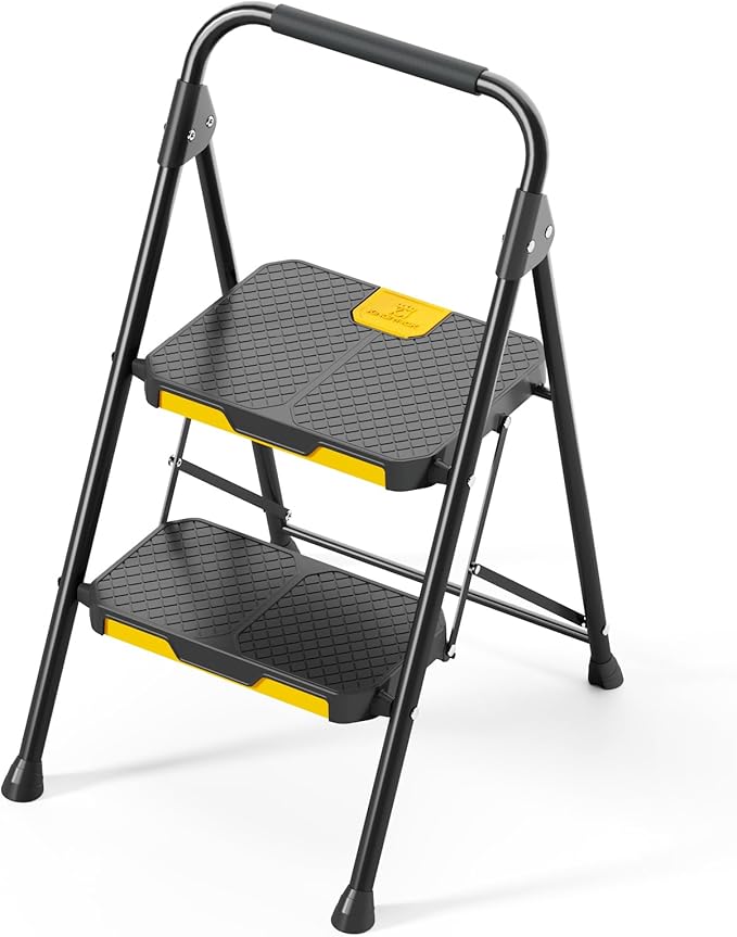 KINGRACK 2 Step Ladder, Sturdy Steel Step Stool with Safe-Lock Design, Handrail, Anti-Slip Wide Pedals, Pass 800lbs Load Testing, Folding Portable Ladder for Multi-Purpose, Home, Kitchen, Black
