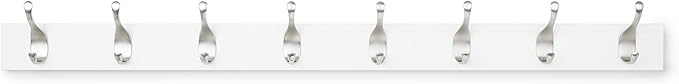 Amazon Basics Wall Mounted Modern Coat Rack for Entryway and Bedroom with Versatile Storage Hooks, Rectangular, 8-Hook, White | Rectangular