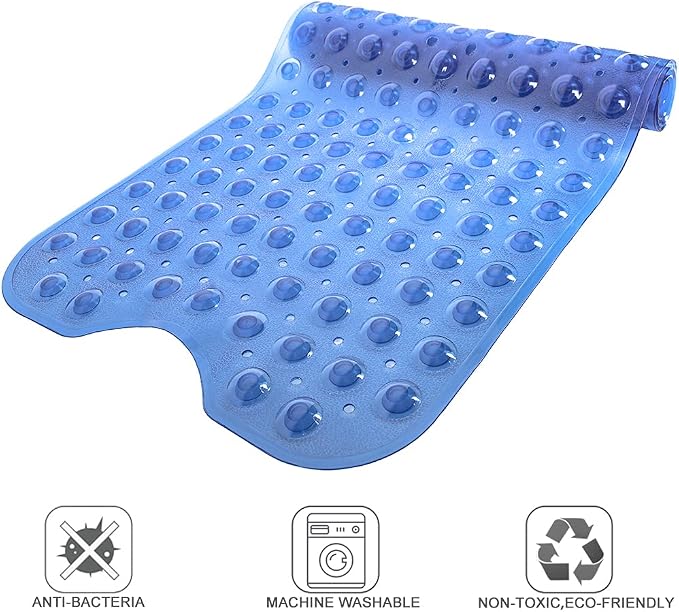 Anti Slip Extra Long Bathtub and Shower mat 39" x 16", Wet Floor Non-Slip for Elderly & Kids Bathroom, 30% Longer Bathtub Mats, 200 Suction Cups, Drain Holes, Machine Wash (Clear Blue)
