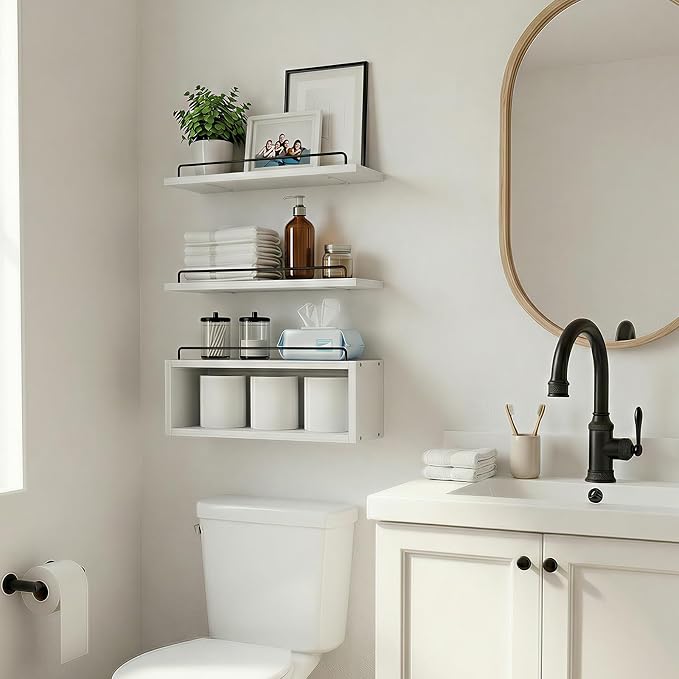 LANDNEOO Floating Shelves for Wall with Cube Shelf, Set of 3 Wood Bathroom Shelves Over Toilet for Storage, Wall Mounted Organizer with Metal Rail for Restroom Decor and Toilet Paper, White