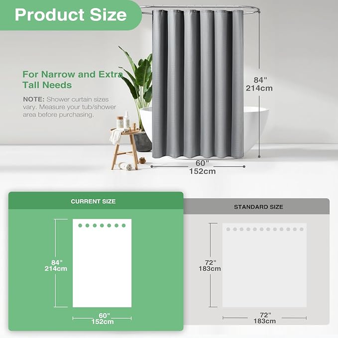 Dynamene Stall Fabric Shower Curtain - 60 x 84 inch Long Waffle Weave Weighted Thick Cloth Shower Curtain for Bathroom, Neutral Heavy Duty Hotel Spa Luxury Bath Curtain Set with 10 Hook, Grey/Gray