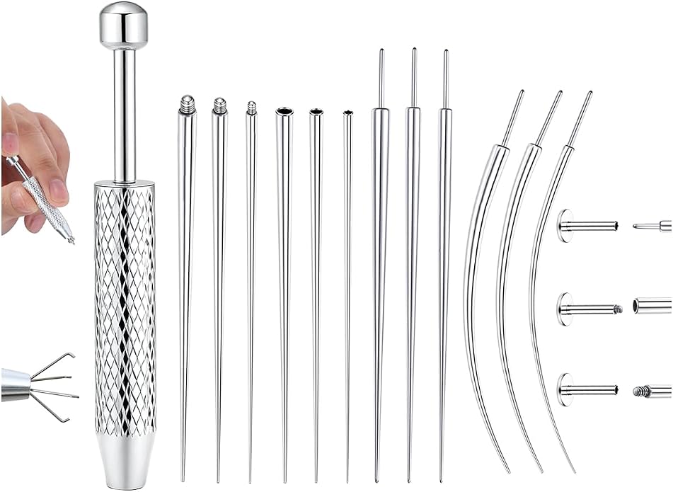 GEMQUEEN Piercing Taper Ball Grabber Tool for Changing Jewelry - 14G 16G 18G 20G Stainless Steel Flat Back Earrings Applicator Tool Threadless Insertion Pin Thread Body Piercing Kit for Ear Nose Lip