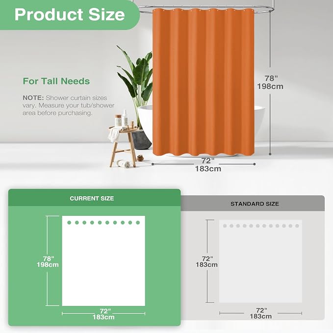 Dynamene Long Fabric Shower Curtain - 78 inch Long Waffle Weave Weighted Cloth Shower Curtains for Bathroom, Neutral Heavy Duty Hotel Spa Luxury Bath Curtain Set with 12 Hooks, 72x78, Burnt Orange