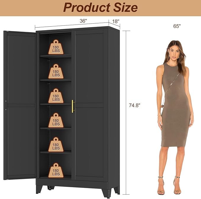 75" Black Tall Metal Garage Storage Cabinet with 2 Doors and 5 Adjustable Shelves,Kitchen Pantry Cabinet,File Cabinet,Steel Tool Cabinet for Home,Office,Garage,School,Warehouse