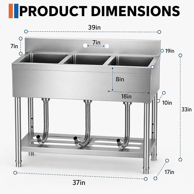 Stainless Steel Utility Sink, 39 x 19 x 33 Inch Freestanding Single Bowl Laundry Sink With Workbench Top, Deep Basin for Garage, Basement, Laundry Room, Faucet-Ready Design