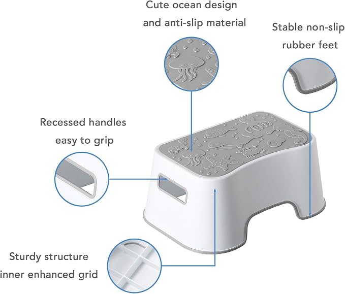 2 Pack Step Stool for Kids, Cute Sea Animals Toddler Kids Step Stool Stackable Non-Slip Safety Foot Stool for Kitchen Bathroom and Toilet Potty Training (Gray)