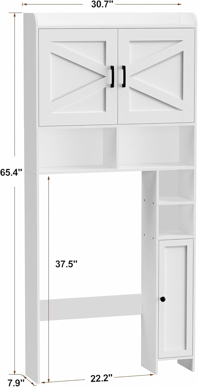 Homhedy Over The Toilet Storage Cabinet, White | 2 Barn Door, Toilet Paper Holder Stand, Freestanding Toilet Shelf, Space Saver, for Bathroom, Restroom, Laundry