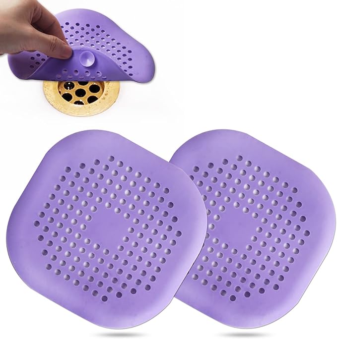 Hair Drain Catcher,Square Drain Cover for Shower Silicone Hair Stopper with Suction Cup,Easy to Install Suit for Bathroom,Bathtub,Kitchen 2 Pack (Purple)