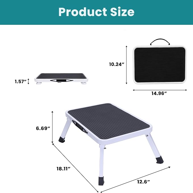 NEWBULIG Foldable Step Stool, 330lbs Capacity Reinforced Sturdy Metal, Non-Slip Platform & Thickened Rubber Feet for Home, Kitchen, RV, Indoor Outdoor, Black & White
