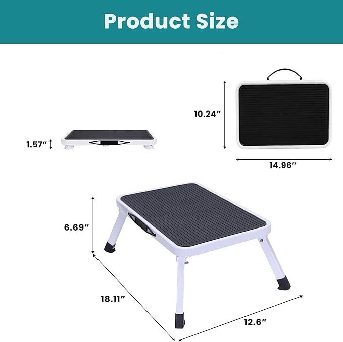 NEWBULIG Foldable Step Stool Set of 2, 330lbs Capacity Reinforced Sturdy Metal, Non-Slip Platform & Thickened Rubber Feet for Home, Kitchen, RV, Indoor Outdoor, Black & White