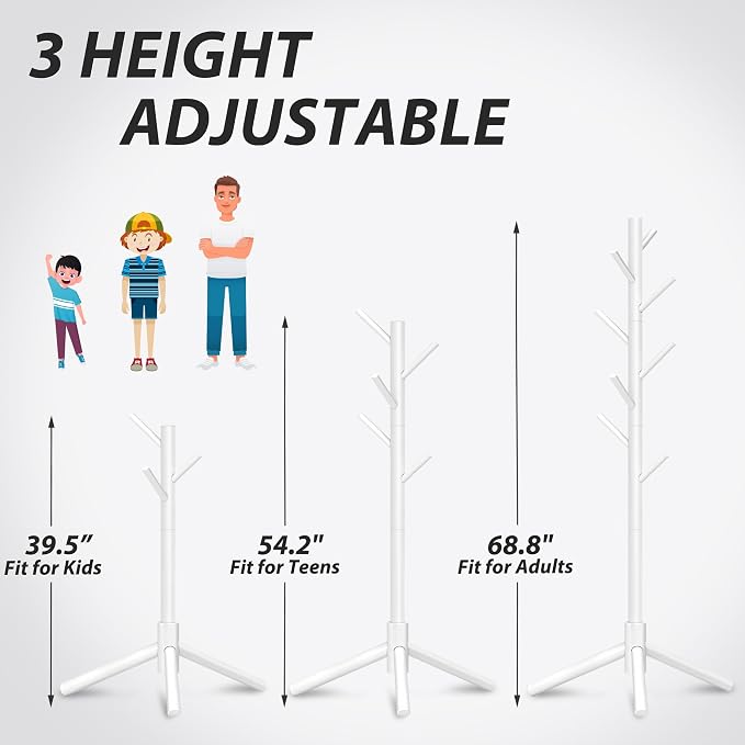 Unisakey Durable Wooden Coat Rack, Freestanding Coat Rack with Stable Triangular Base, 8 Hooks & 3 Adjustable Heights, Simple Assembly for Bedroom, Hallway, Office(New White)