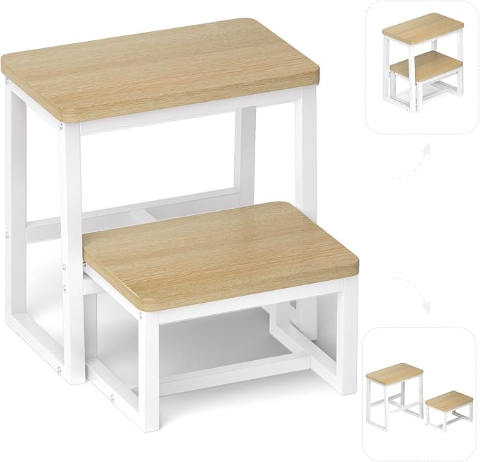Step Stool for Adults, Holds up to 500Lb, 3 in1 Heavy Duty Sturdy Two Step Stool for Kichen/Bathroom/High beds, Wooden&Metal Frame, Non-Slip Pads