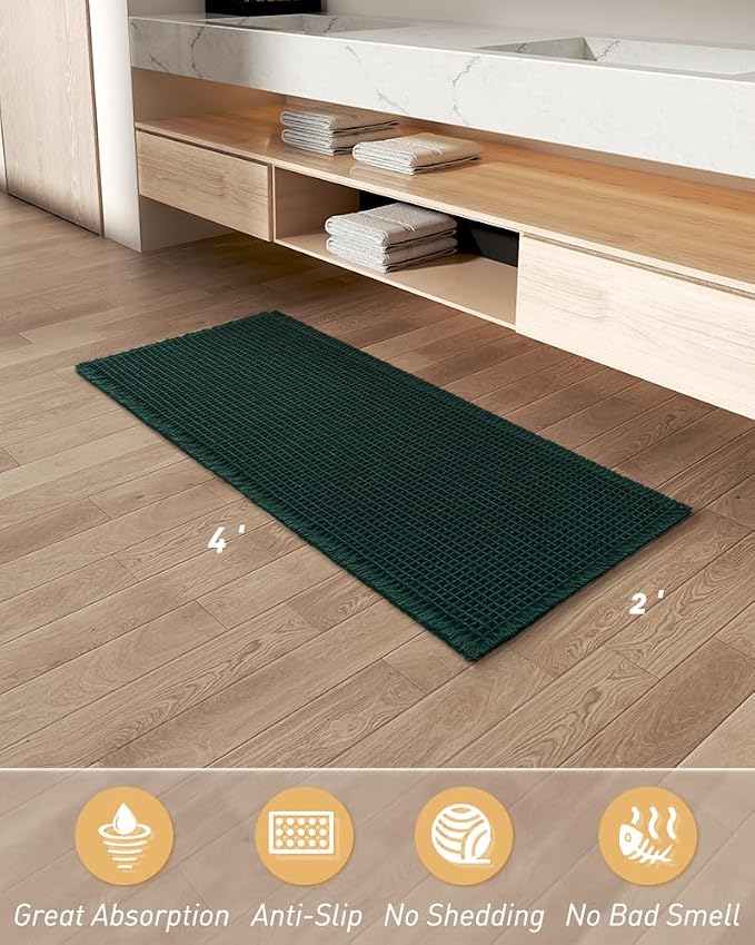 Upgraded Waffle Runner Rug, Super Absorbent Non Slip Bath Mats for Bathroom Floor Machine Washable Bathroom Runner Rug with Tassels Ideal for Hallway Bedroom Laundry Room, Dark Green, 2'x4'(24" x 48")