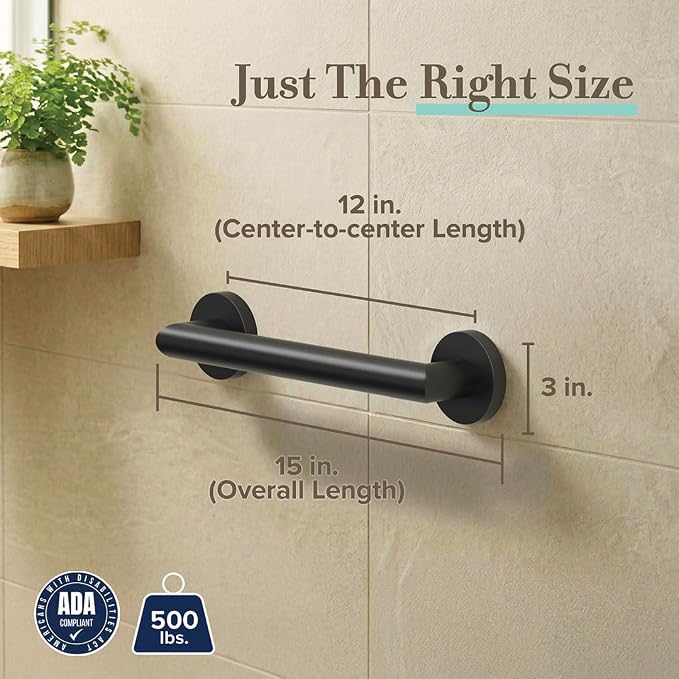 Gatco 960MX Glam 12" L Grab Bar, Matte Black/ADA Compliant Stainless Steel Safety Grab Bar for Bathroom