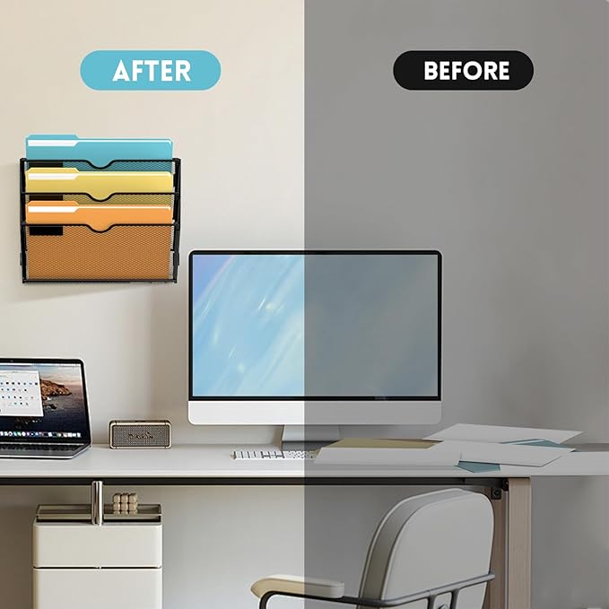 SUPEASY 3 Tier Wall File Organizer, Hanging Wall Mounted Mail Organizer with Label Slots, Metal Mesh File Holder Magazine Rack for Office, Home, School or Classroom, Black, 2Pack