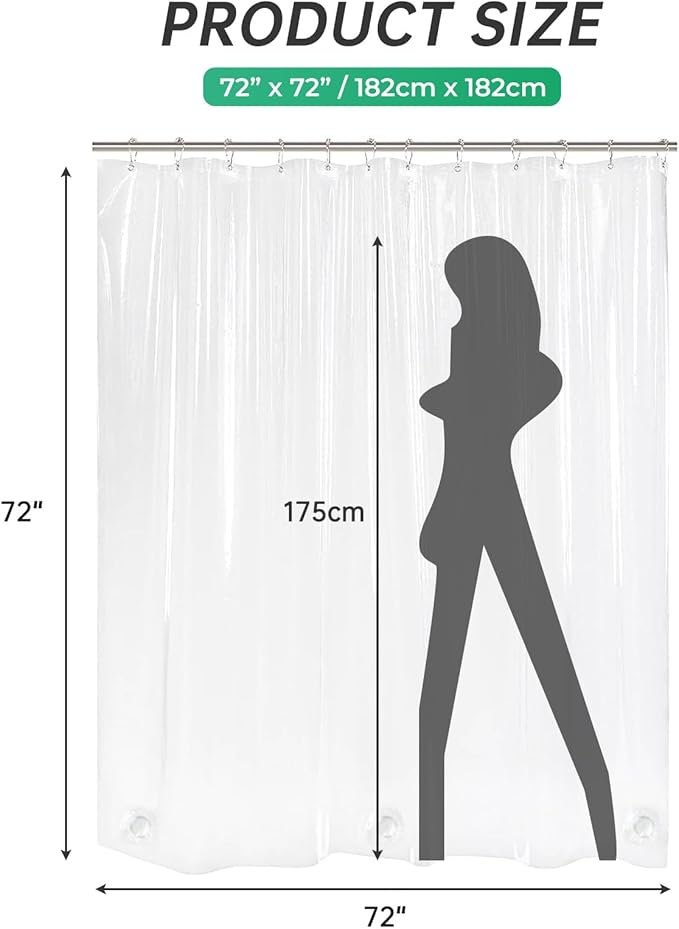 AmazerBath Plastic Shower Curtain, 70 x 72 Inches PEVA Heavy Duty Clear Shower Curtain, Waterproof Heavy Weight Thick Bathroom Curtain with 3 Big Clear Weighted Stones and 12 Rustproof Grommets
