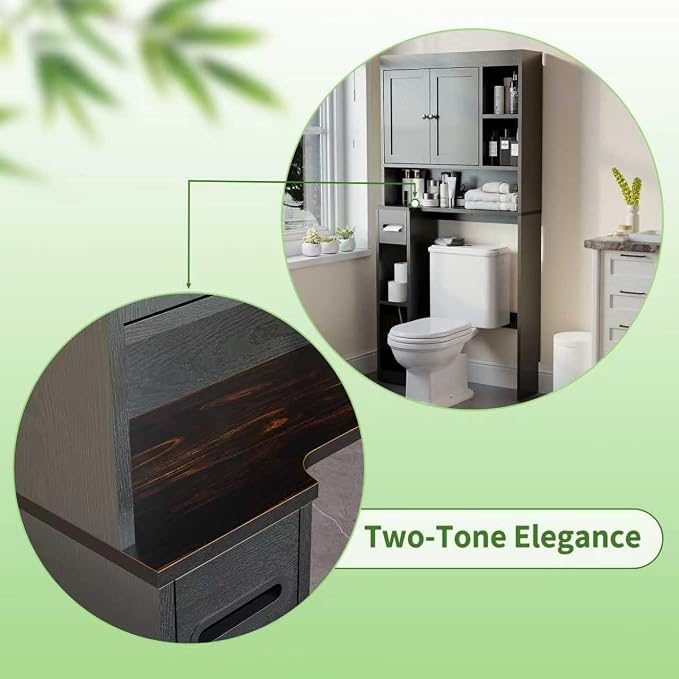 Over The Toilet Storage Cabinet with 7 Shelves, Imitation Walnut Grain Above Toilet Bathroom Organizer with Toilet Paper Holder Stand, Space Saver for Restroom, Laundry, Bathroom (Black)