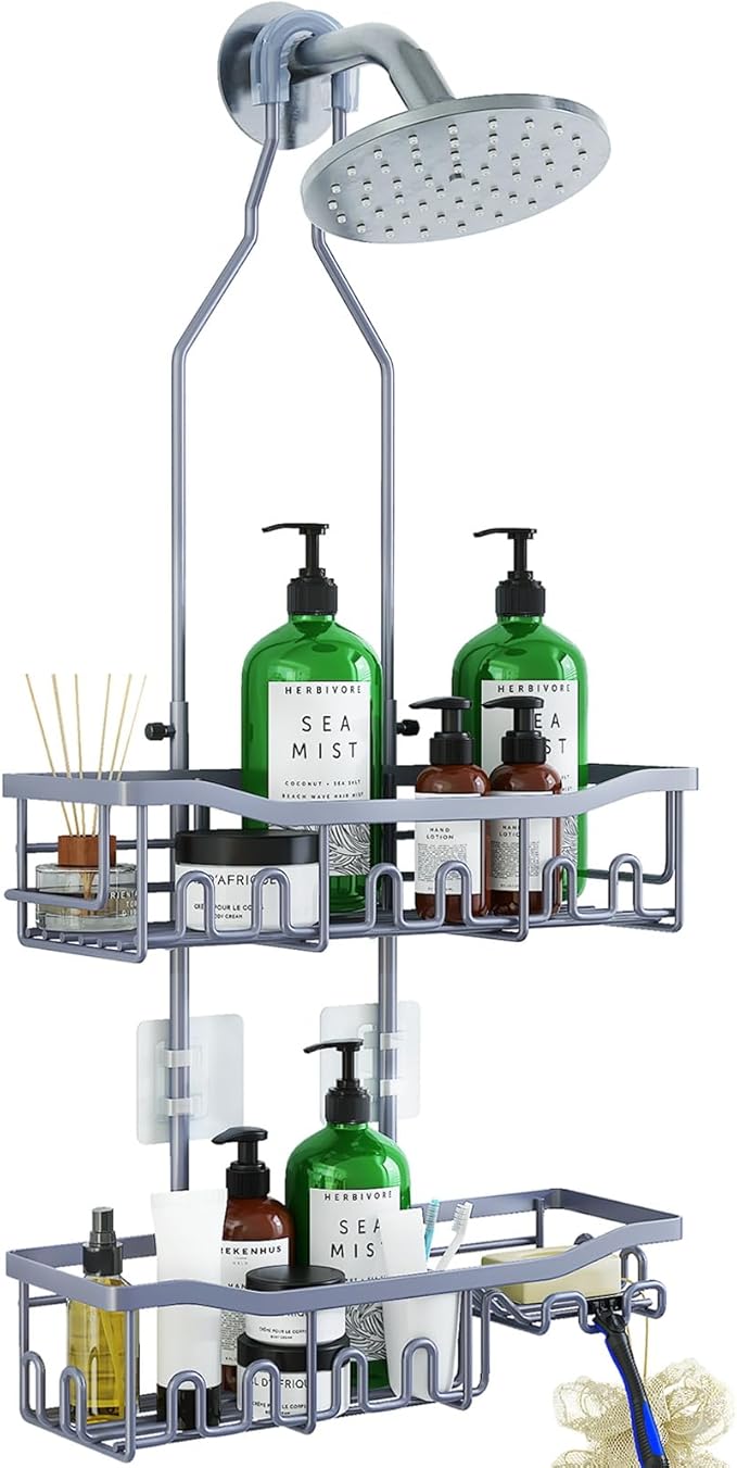 Upgraded Extended Length Shower Caddy Over Showerhead No Blocking to Showerhead, Rustproof Bathroom Organizers and Storage with Hooks Shampoo Soap Holder, Large Hanging Caddy, Grey