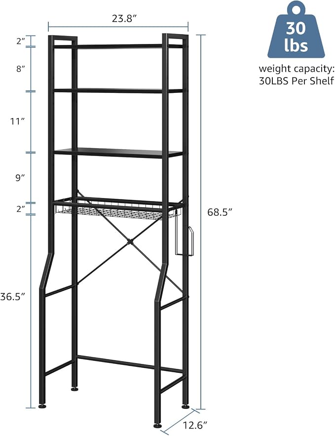 DUMOS Over-The-Toilet Storage Rack, 4-Tier Freestanding Bathroom Organizer Shelf Over Toilets with Adjustable Shelf and Basket, Space Saver Above Toilet Storage Cabinet with 3 Hooks for Rooms, Black