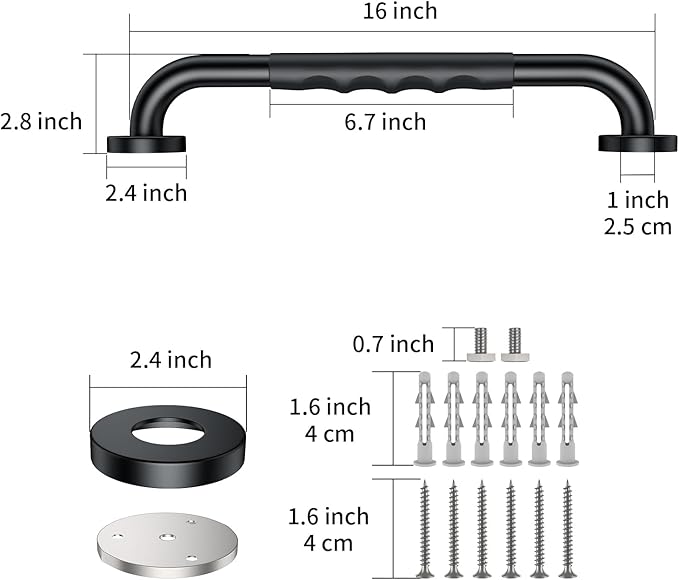 2 Pack 16 Inch Black Shower Grab Bar w/Anti Slip Rubber Grip,ZUEXT Stainless Steel Bath Grab Bar,Bathroom Balance Bar,Wall Mount Safety Handrail Support,Handicap Injury Elderly Senior Assist Handle
