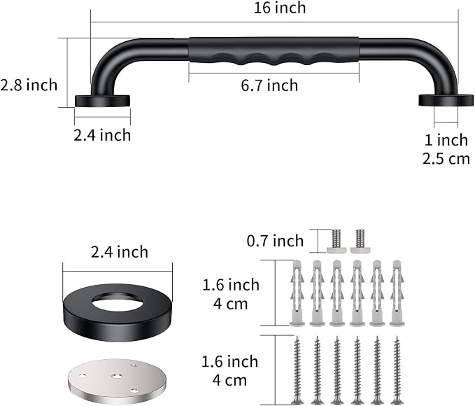 16 Inch Black Shower Grab Bar w/Anti Slip Rubber Grip, ZUEXT Stainless Steel Bath Grab Bar, Bathroom Balance Bar, Wall Mount Safety Handrail Support, Handicap Injury Elderly Senior Assist Handle