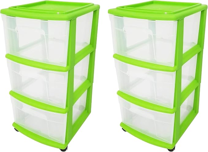 HOMZ 2-Pack Drawer Tower, 3-Tier Clear Plastic Storage Organizer Cart, Bold Lime Frame - Organizing Containers with Wheels for Home, Bathroom, Bedroom, Office, and Classroom