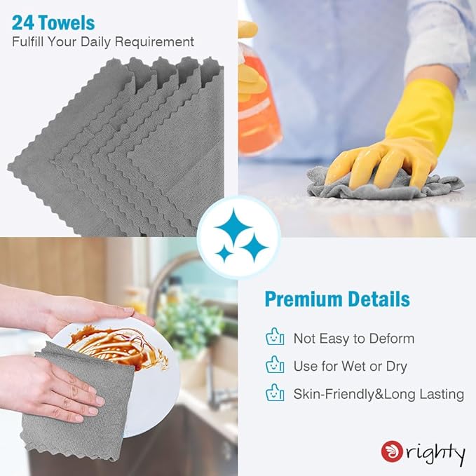 Orighty Grey Microfiber Cleaning Cloth, 24 Pack Highly Absorbent Cleaning Rags, Microfiber Towels for Cars, Household Cleaning Supplies, Reusable Lint Free Cloths for House, Kitchen, 12 x12 inch