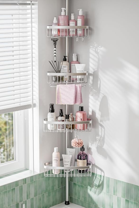 ESSEME Corner Shower Caddy Tension Pole: Adjustable Rustproof 4-Tier Inside Bathroom Organizer - 47-121 inch Quick Installation Bathtub Shelves for Shampoo Storage - Rod Floor Standing Bath Rack