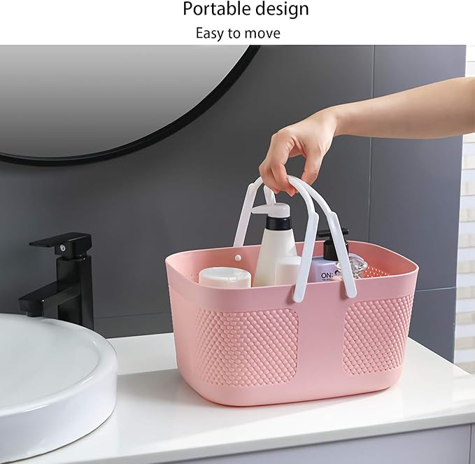 Shower Caddy Basket, Portable Large Capacity Thickened Plastic Organizer Storage Tote with Handles Drainage Toiletry Bag Bin for Bathroom, College Dorm Room Essentials, Kitchen, Camp, Gym, Pink