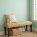 Entryway Bench with Solid Wood Acacia, 47" End of Bed Bench for Bedroom, Water Hyacinth Indoor Bench Seat, Boho Woven Bench for Living Room, Wicker Bench for Hallway or Kitchen, Wood Bench (Black Leg)