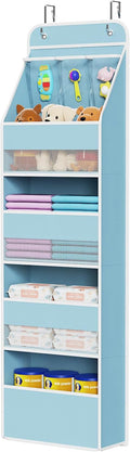 Univivi 5-Shelf Fabric Door Storage Over Door Hanging Organizer with 4 Large Pockets and 3 Small PVC Pockets Nursery Closet Cabinet Wall Mount Hanging Storage Organizers for Baby Nursery (Blue)