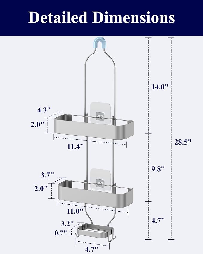 Kitsure Shower Caddy Hanging - No-Drill Bathroom Organizers and Storage, Wobble-Free Bathroom Shelves with Adhesive Tapes, Rust-Proof Shower Storage for Toiletries, Silver, 28.5" H