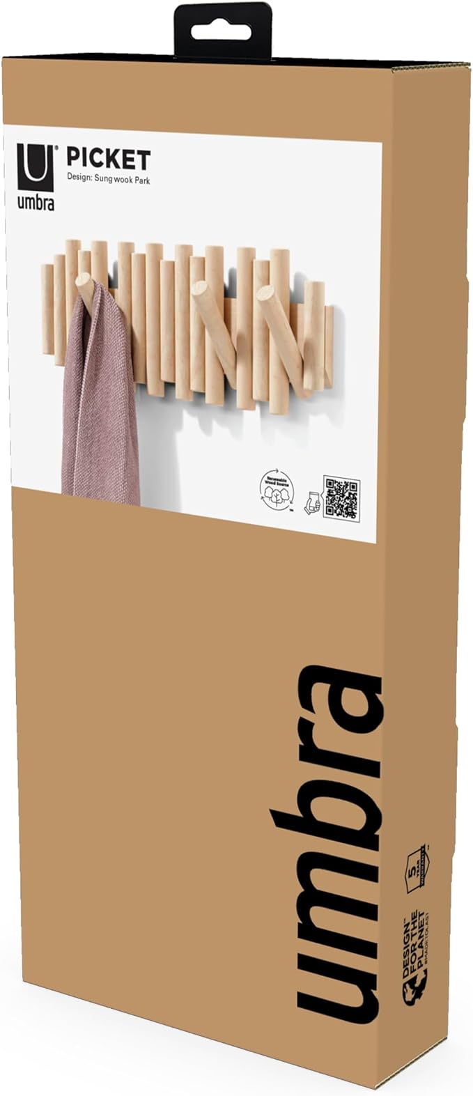 Umbra Picket Wall-Mounted Coat Rack Rail Hook with 5 Retractable Wood Pegs – Modern, Space-Saving Storage Organizer, Natural (Pack of 3)