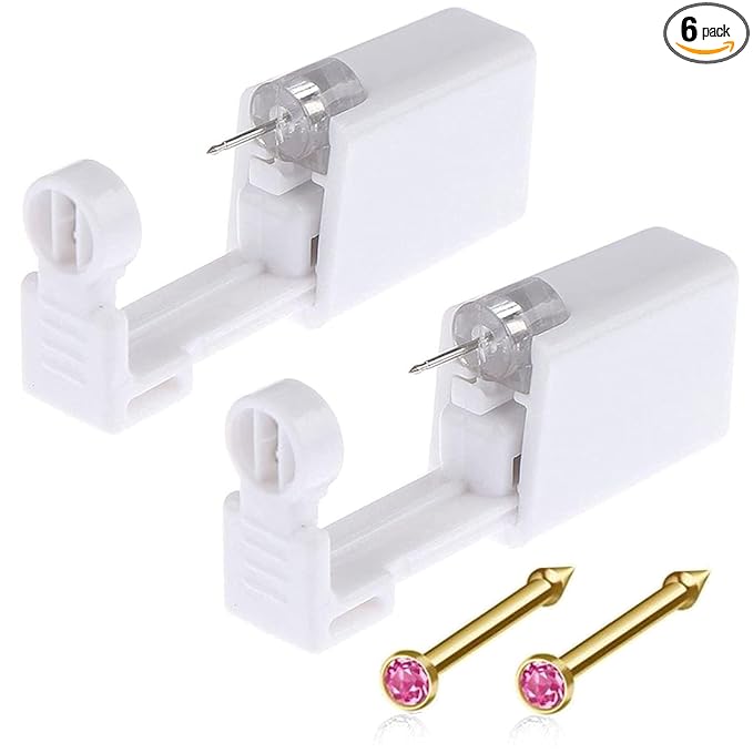 Nose Piercing Gun Kit - 6Pcs Self Nose Piercing Kit Unit Disposable Nose Piercing Gun Including 2Pcs Nose Piercing Gun with 2Pc Built-in Nose Studs and 2Pcs Clean Tools for Nose Cartilage Tragus Helix Piercing Kit(Gold, Pink )