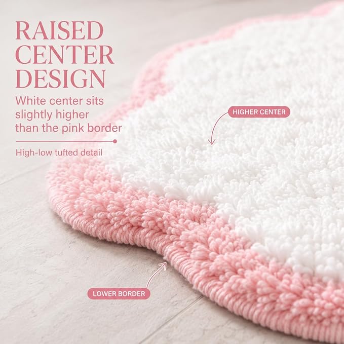 Scalloped Pink Bath Rug, Cute Bathroom Rug, Soft Absorbent Quick Dry Bath Mat, TPR Non Slip Backing, Microfiber Mat for Shower Tub Sink Vanity 20" x 31.5"