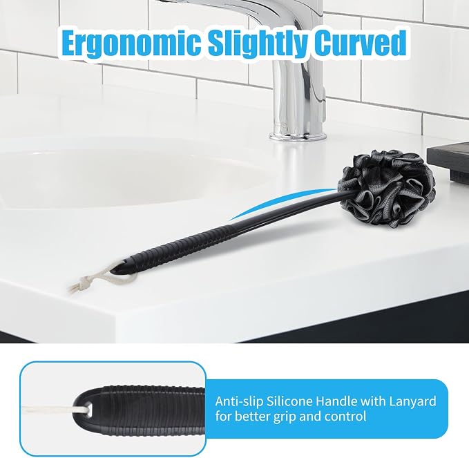 VANZAVANZU Loofah Sponge Set Loofah Exfoliating Body Scrubber, Anti-Slip Plastic 17" Handle Loofah on a Stick with Fluffy Shower Sponge, PE Soft Mesh Shower Loofahs-Black with White Edge