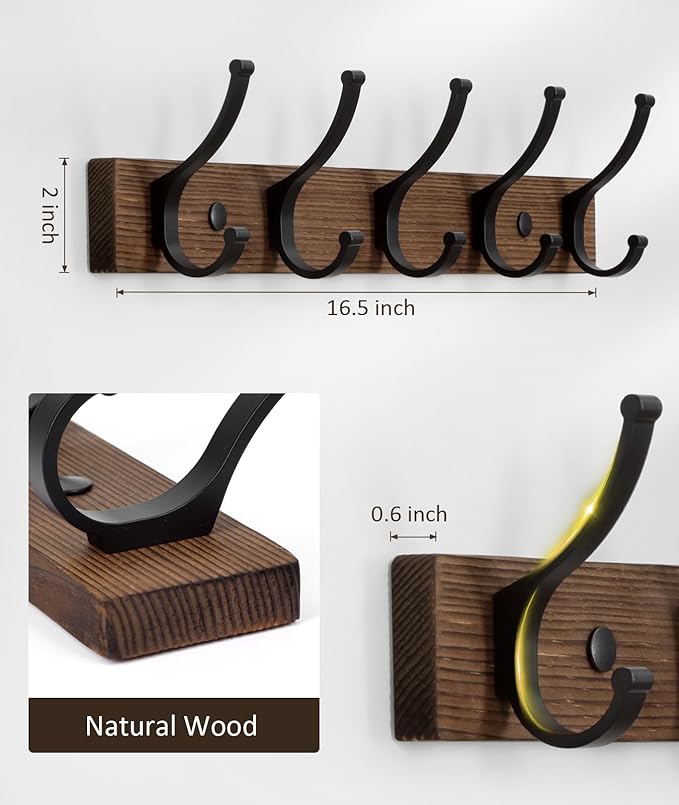 Optish Coat Rack Wall Mount, 16.5 Inches Wood Coat Hooks Wall Mount, Wall Coat Rack with 5 Hooks, Hat Rack Wall Hooks for Hanging Coat, Bag, Towel (2Pack, Brown)