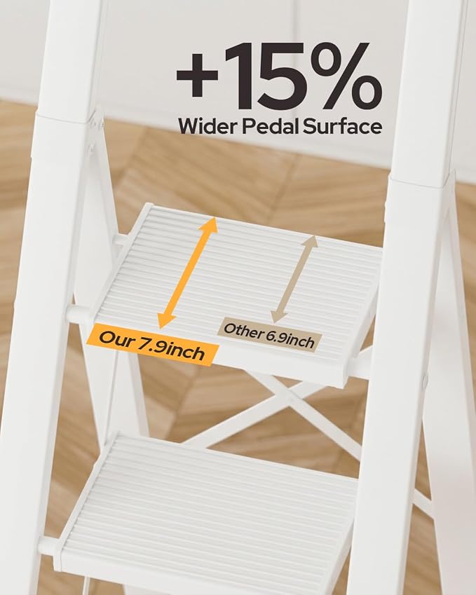 6 Step Ladder for 12 Feet High Ceiling, Lightweight Aluminum Folding Step Stool with Convenient Handgrip, Stepladders with Anti-Slip and Wide Pedal for Home Use Space Saving - White